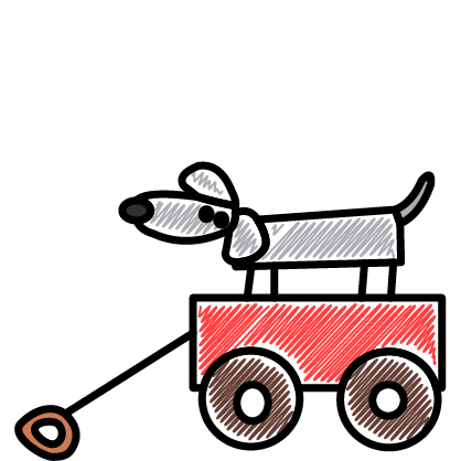 Illustration von einem Bollerwagen mit einem Hund